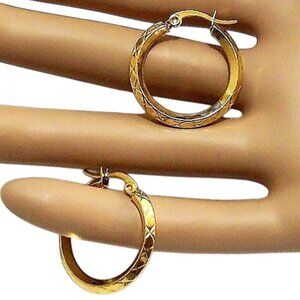 Crossed Ribbed Hoop Pierced Post Earrings Gold Tone Large Round Stainless Steel